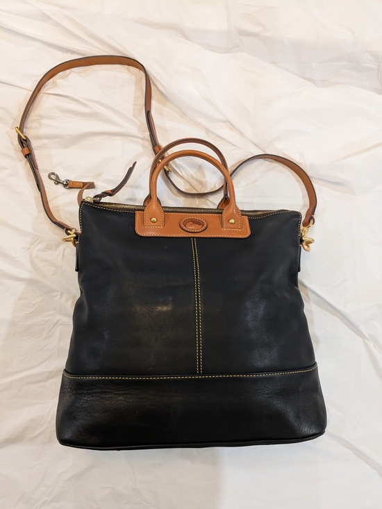Dooney & Bourke Handbags - Dooney & Bourke Black Leather Zip-Top Tote with Tan Trim